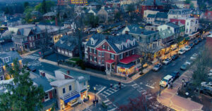 Downtown Doylestown Pennsylvania street with shops and historic buildings